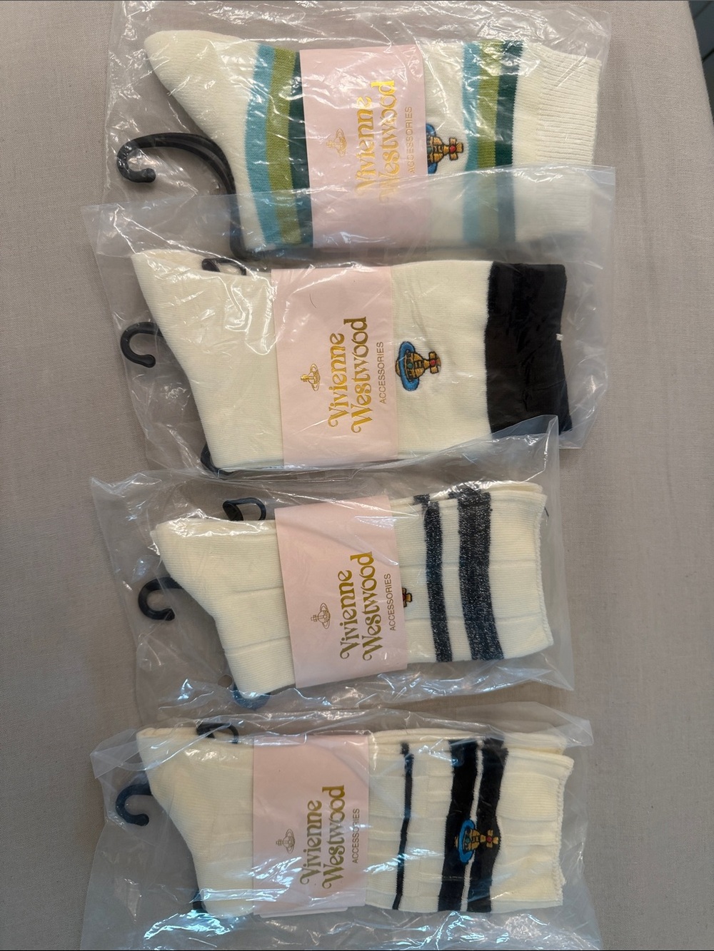 Vivienne Westwood Cream Crew Socks with Blue, Green and Black Stripe Accents